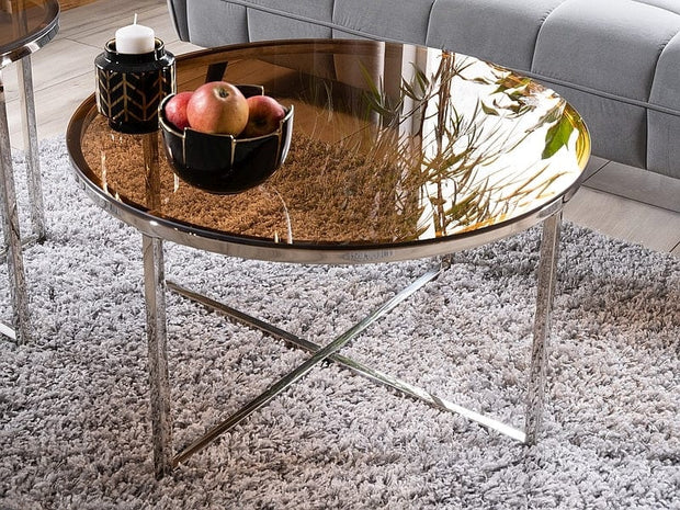 Signal Masa de cafea, din sticla si metal Crossby A Amber / Crom, Ø80xH45 cm