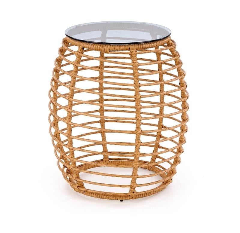 Masa de cafea pentru gradina / terasa din ratan sintetic si sticla, Barrera Natural / Negru, Ø48xH56 cm