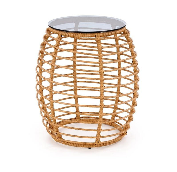 Masa de cafea pentru gradina / terasa din ratan sintetic si sticla, Barrera Natural / Negru, Ø48xH56 cm