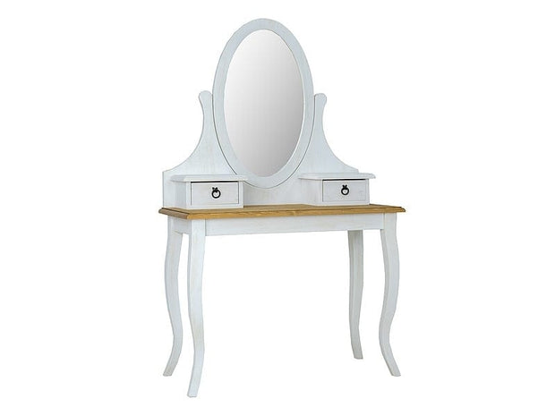 Masa de machiaj din lemn de pin, cu 2 sertare si oglinda, Portos Alb / Natural, L100xl45xH160 cm + Taburet tapitat cu stofa si picioare din lemn, Portos Gri / Alb, l40xA40xH46 cm (6)