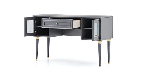 Dogtas Masa de machiaj din pal si sticla, cu 1 sertar si 2 usi, Lorenta Antracit, L140xl51xH85,4 cm