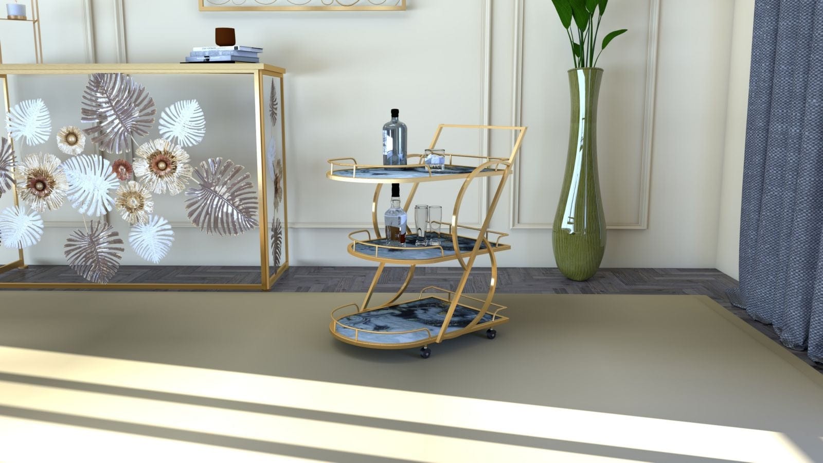 Mauro Ferretti Masa minibar mobila din metal si sticla Marble Glass Mix Multicolor / Auriu, L71xl45,5xH84,5 cm