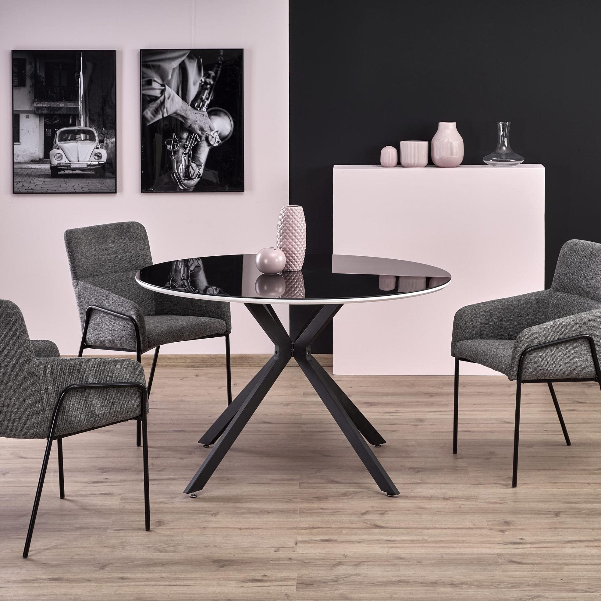 Masa rotunda din sticla, MDF si metal, Avelyn Negru / Alb, Ø120xH76 cm (1)