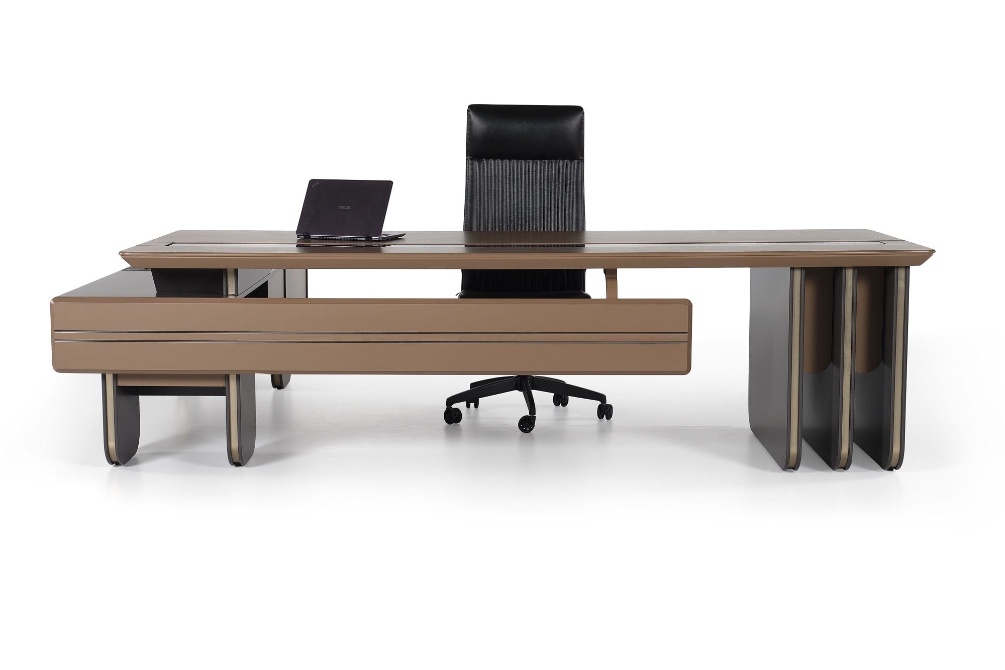 Masa de birou din MDF, cu 2 sertare, Spoty Wood Nuc / Negru, L285xl210xH75 cm (1)