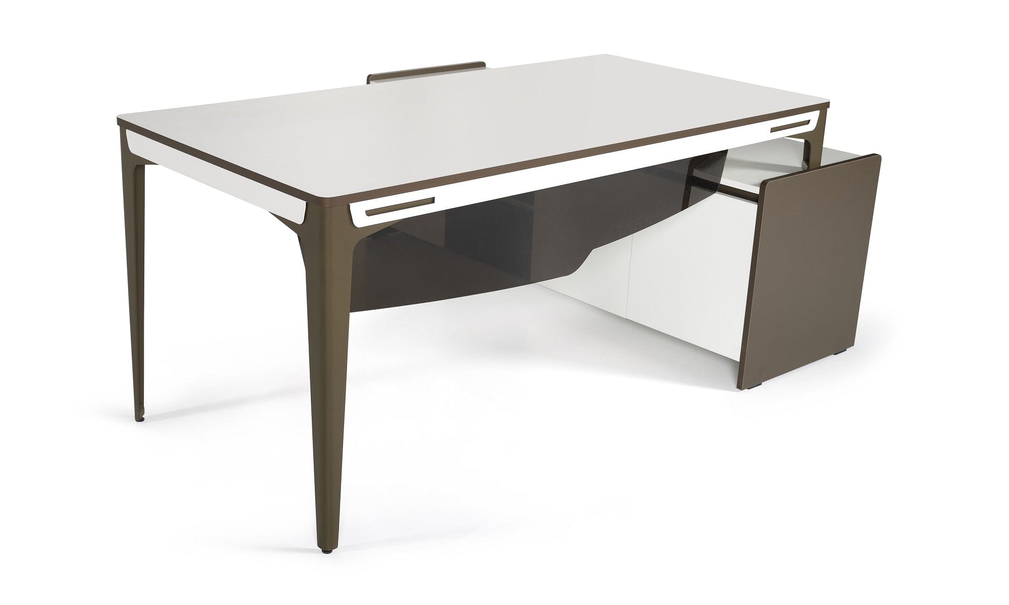 Masa de birou din pal si metal, cu 3 usi si 1 sertar, Plex Plus Alb / Grej, L210xl164xH75 cm (1)