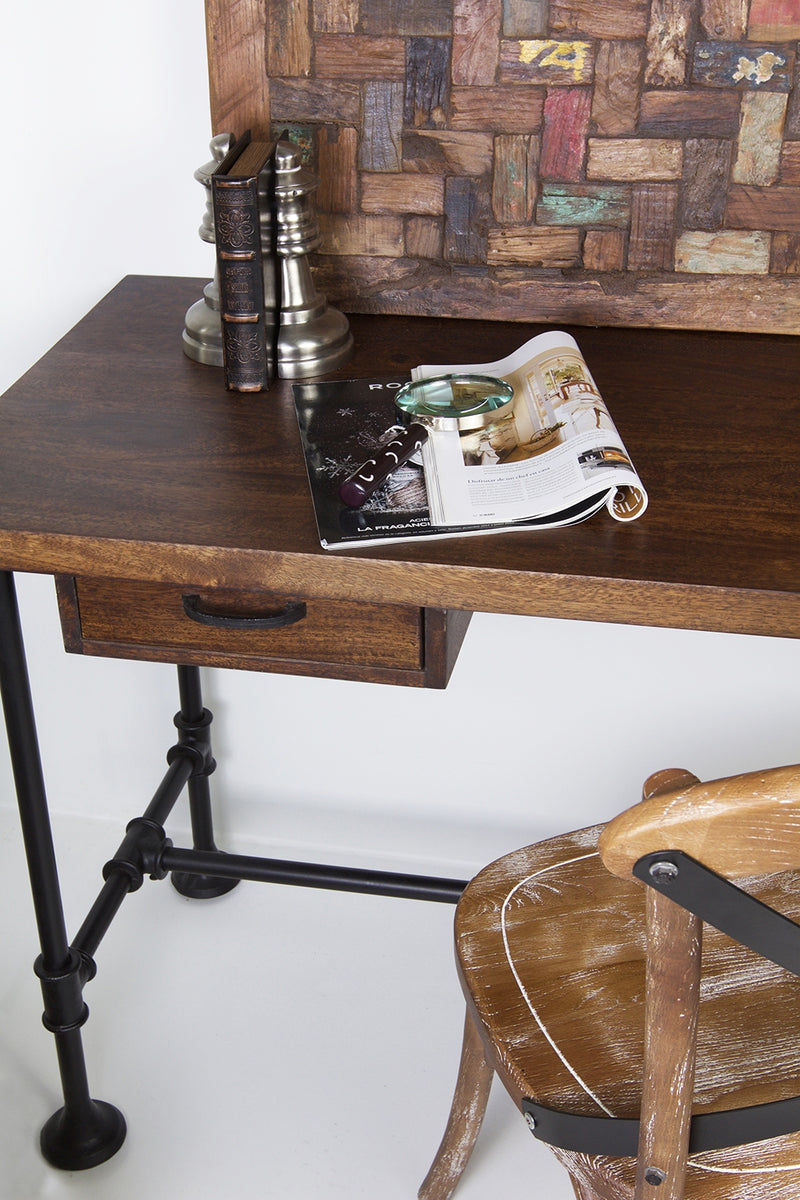 Masa de birou din lemn si metal, cu 2 sertare, Pipa Nuc / Negru, L135xl55xH78 cm (3)