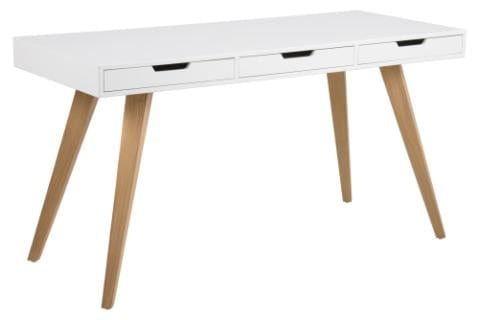 Masa de birou din MDF si lemn, cu 3 sertare, Estelle Alb / Frasin, L141,8xl60xH75,8 cm