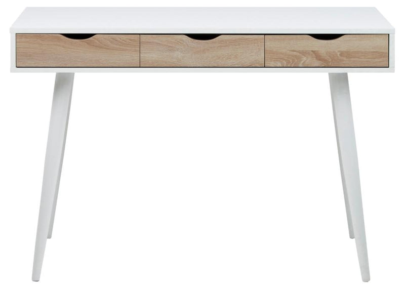 Masa de birou din MDF si metal, cu 3 sertare, Neptun Alb / Stejar Sonoma, L110xl50xH77,1 cm (5)