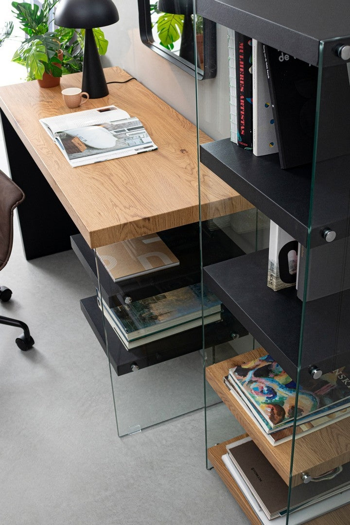 Masa de birou din MDF si sticla Line Natural / Negru, L120xl50xH76 cm (2)