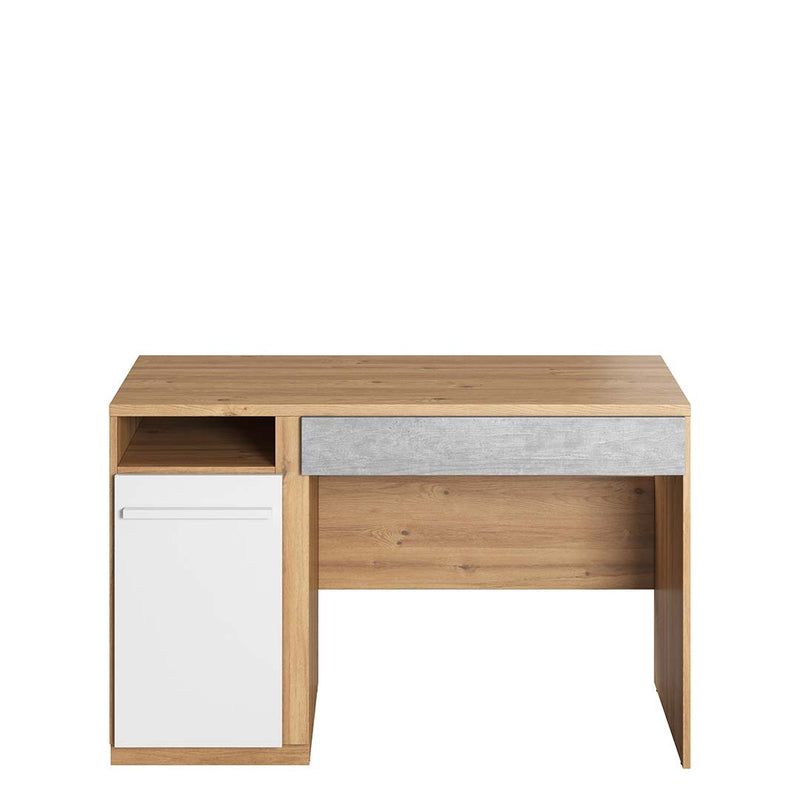 Masa de birou din pal, cu 1 sertar si 1 usa, pentru copii si tineret, Plano 06 Stejar / Gri / Alb, L120xl55xH76 cm (1)