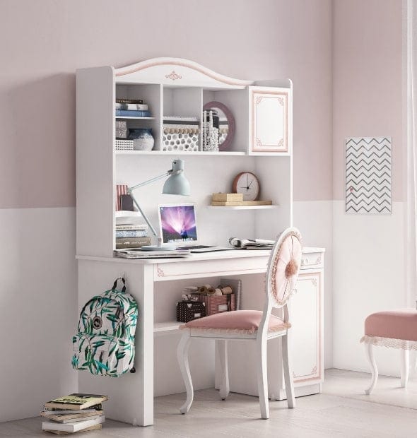 Masa de birou din pal, cu 1 usa si 2 sertare pentru tineret Selena Pink Alb / Roz, L120xl52xH75 cm (3)