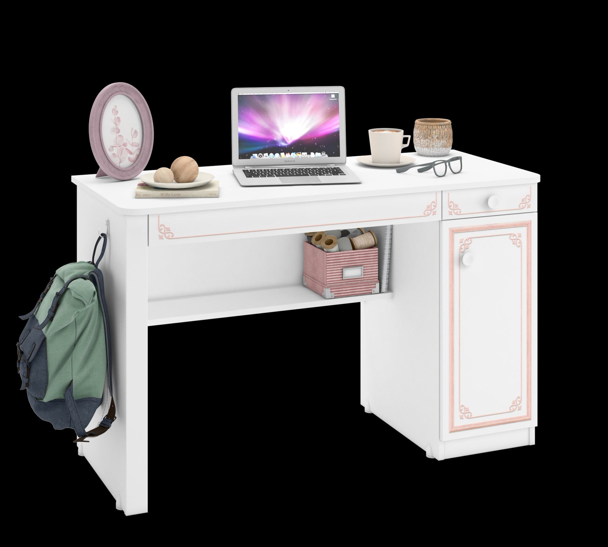 Masa de birou din pal, cu 1 usa si 2 sertare pentru tineret Selena Pink Alb / Roz, L120xl52xH75 cm (5)