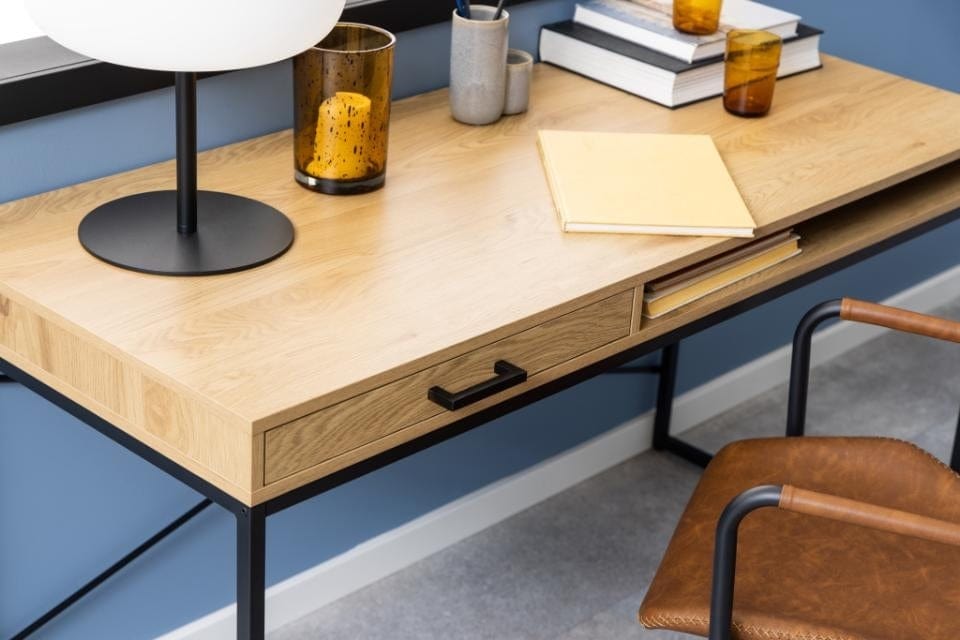 Masa de birou din pal si metal, cu 1 sertar, Seaford Stejar / Negru Mat, L140xl58xH76 cm (2)