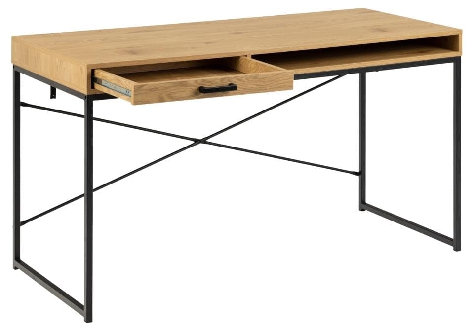 Masa de birou din pal si metal, cu 1 sertar, Seaford Stejar / Negru Mat, L140xl58xH76 cm (4)