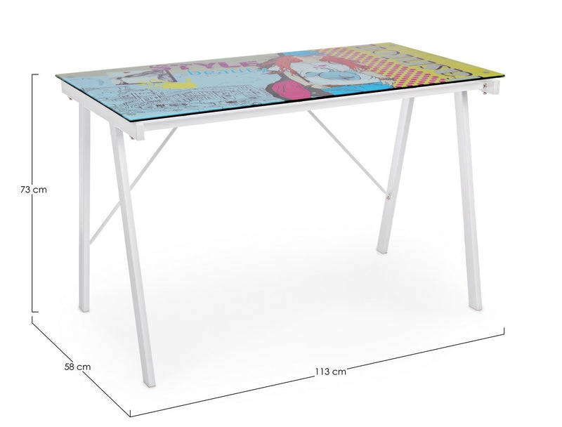 Masa de birou din sticla si metal, pentru copii Cartoon Multicolor, L113xl58xH73 cm (3)