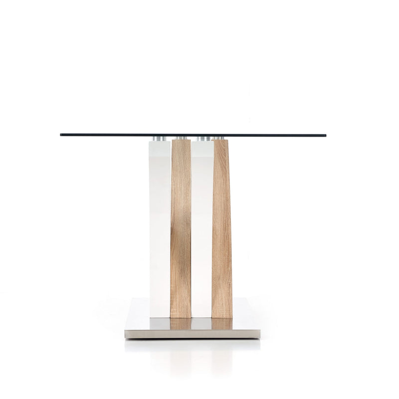 Masa din sticla, MDF si metal, Vilma Transparent / Alb / Stejar Sonoma, L160xl90xH76 cm (4)