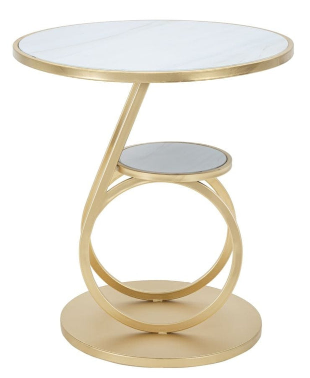 Mauro Ferretti Masuta suport telefon din sticla, MDF si metal Ring Double Marmura / Auriu, Ø55xH60 cm
