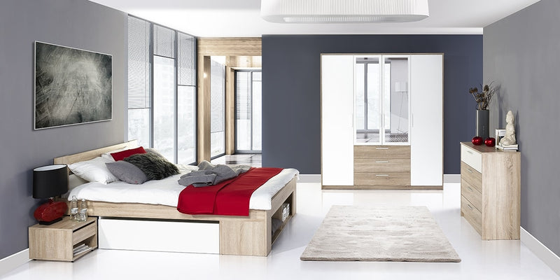 Set Mobila Dormitor din pal, cu pat 200 x 160 cm, 3 piese Milo  Alb / Stejar Sonoma