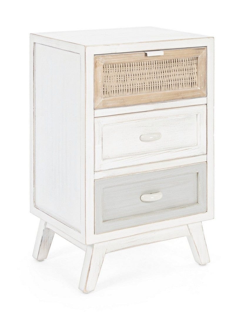 Noptiera din lemn de brad, cu 3 sertare Clotilde Alb Antichizat, l40xA30xH65 cm