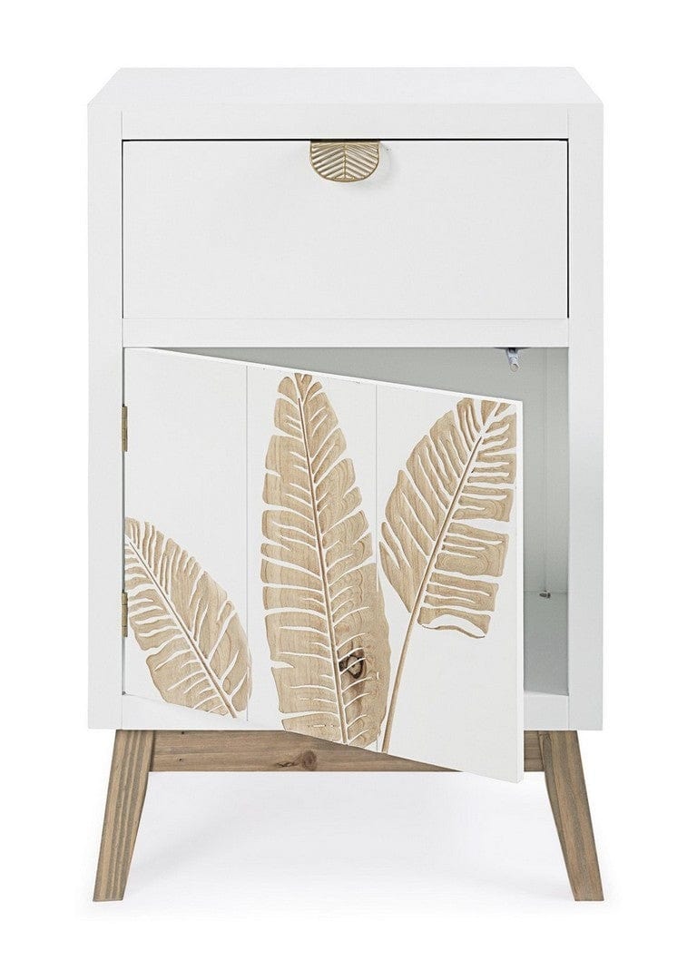 Noptiera din lemn de brad si MDF, cu 1 sertar si 1 usa, Folium Alb / Natural, l45xA30xH70 cm (1)