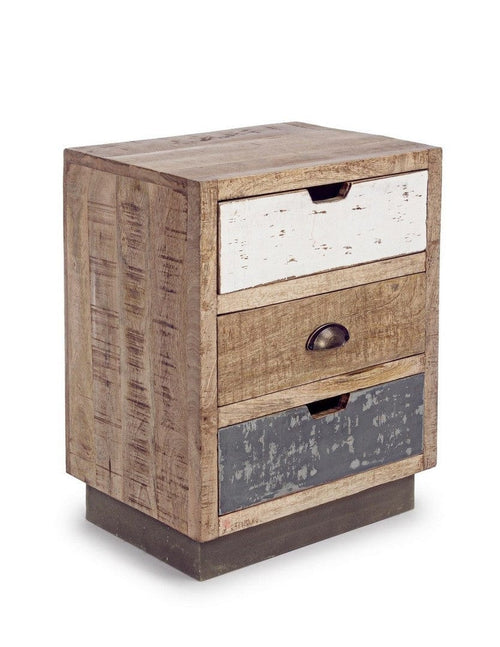 Bizzotto Noptiera din lemn de mango si metal, cu 3 sertare, Tudor Natural / Alb / Gri, l45xA33xH60 cm