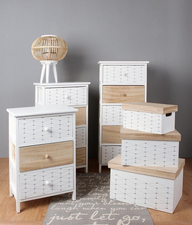 Noptiera din lemn de Paulownia, cu 3 sertare Alveare Alb / Natural, l40xA29xH58 cm (1)