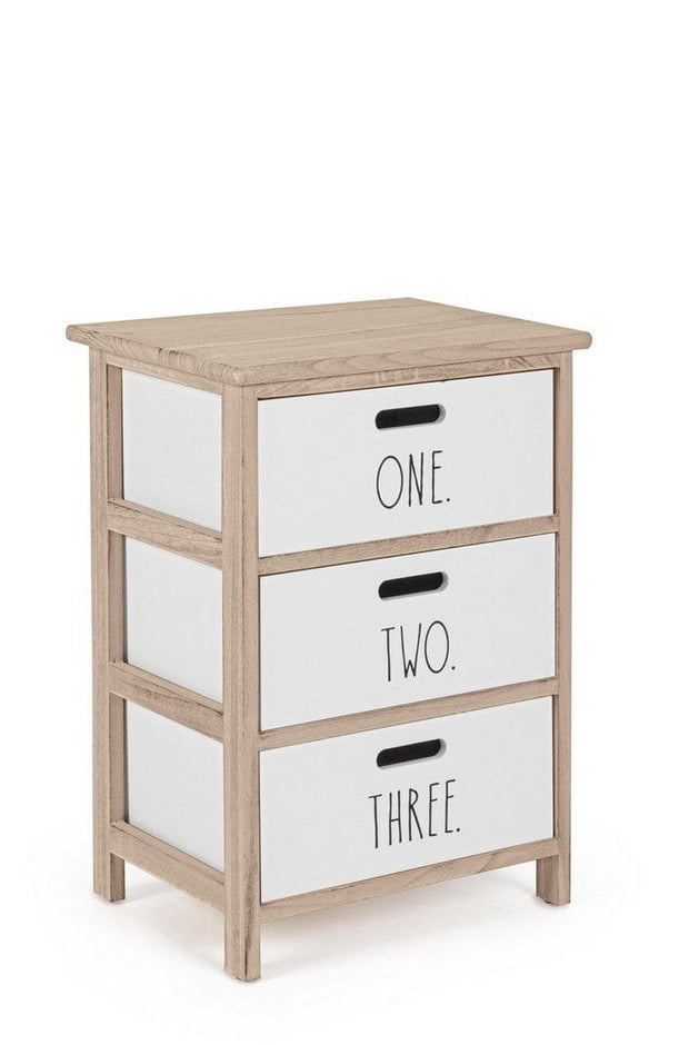 Noptiera din lemn de Paulownia si MDF, cu 3 sertare Numbers Alb / Natural, l40xA29xH58 cm