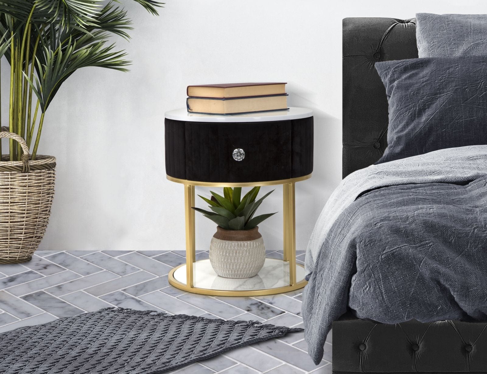 Noptiera din lemn si metal tapitata cu stofa, 1 sertar, Montpellier Negru / Auriu, Ø42xH48 cm (1)