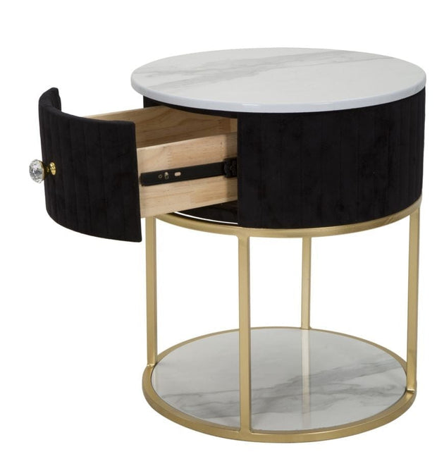 Noptiera din lemn si metal tapitata cu stofa, 1 sertar, Montpellier Negru / Auriu, Ø42xH48 cm (2)