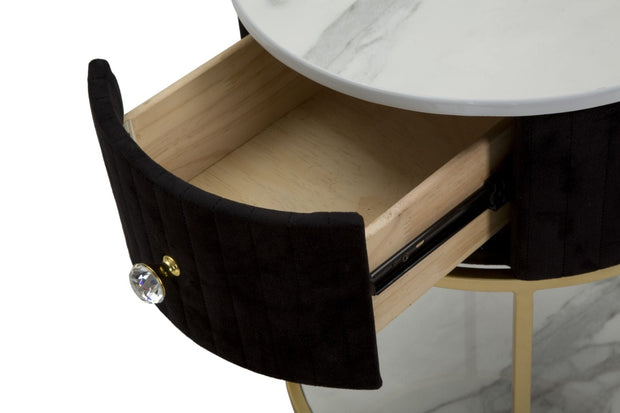 Mauro Ferretti Noptiera din lemn si metal tapitata cu stofa, 1 sertar, Montpellier Negru / Auriu, Ø42xH48 cm