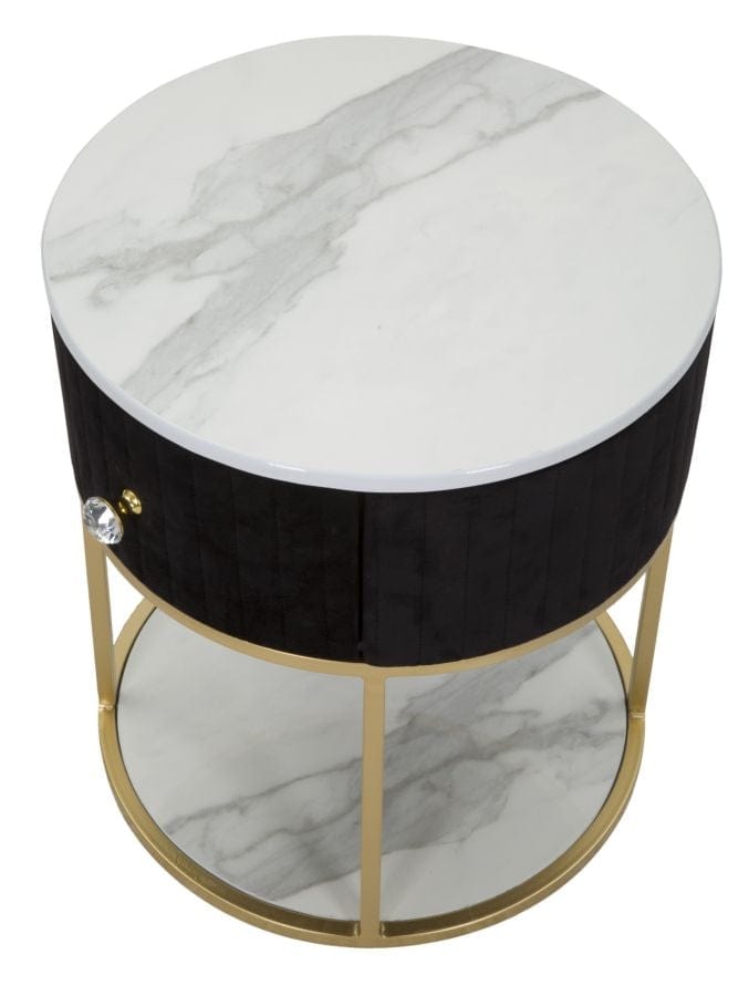 Noptiera din lemn si metal tapitata cu stofa, 1 sertar, Montpellier Negru / Auriu, Ø42xH48 cm (5)