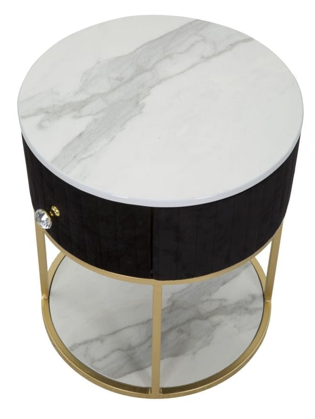 Noptiera din lemn si metal tapitata cu stofa, 1 sertar, Montpellier Negru / Auriu, Ø42xH48 cm (5)