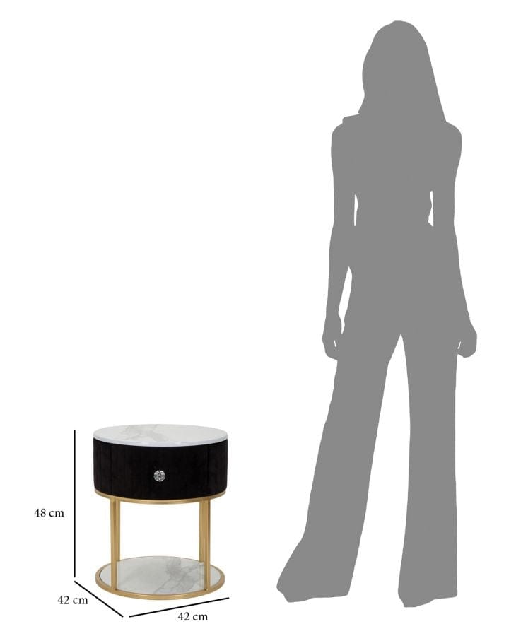 Noptiera din lemn si metal tapitata cu stofa, 1 sertar, Montpellier Negru / Auriu, Ø42xH48 cm (8)