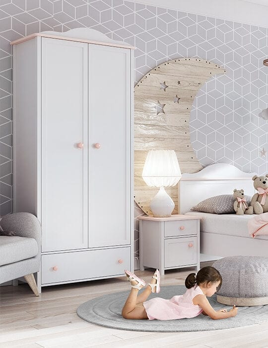 Lenart Noptiera din pal, cu 1 usa si 1 sertar, pentru copii si tineret, Luna 07 Alb / Roz, l45xA42xH51 cm