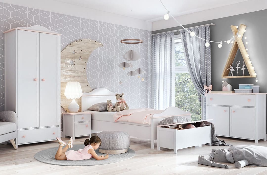 Lenart Noptiera din pal, cu 1 usa si 1 sertar, pentru copii si tineret, Luna 07 Alb / Roz, l45xA42xH51 cm