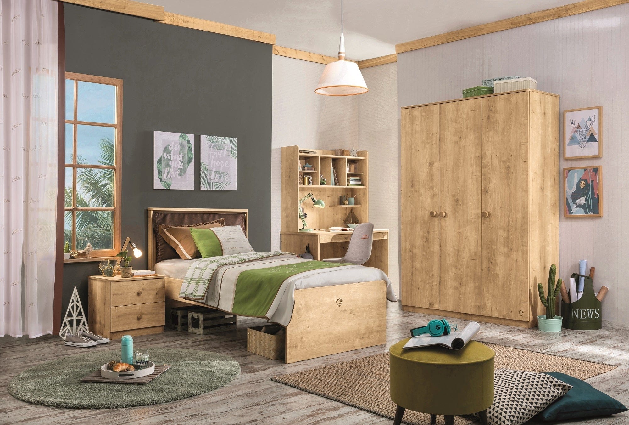 Noptiera din pal cu 2 sertare, pentru tineret, Mocha Natur, l49xA42xH46 cm (2)