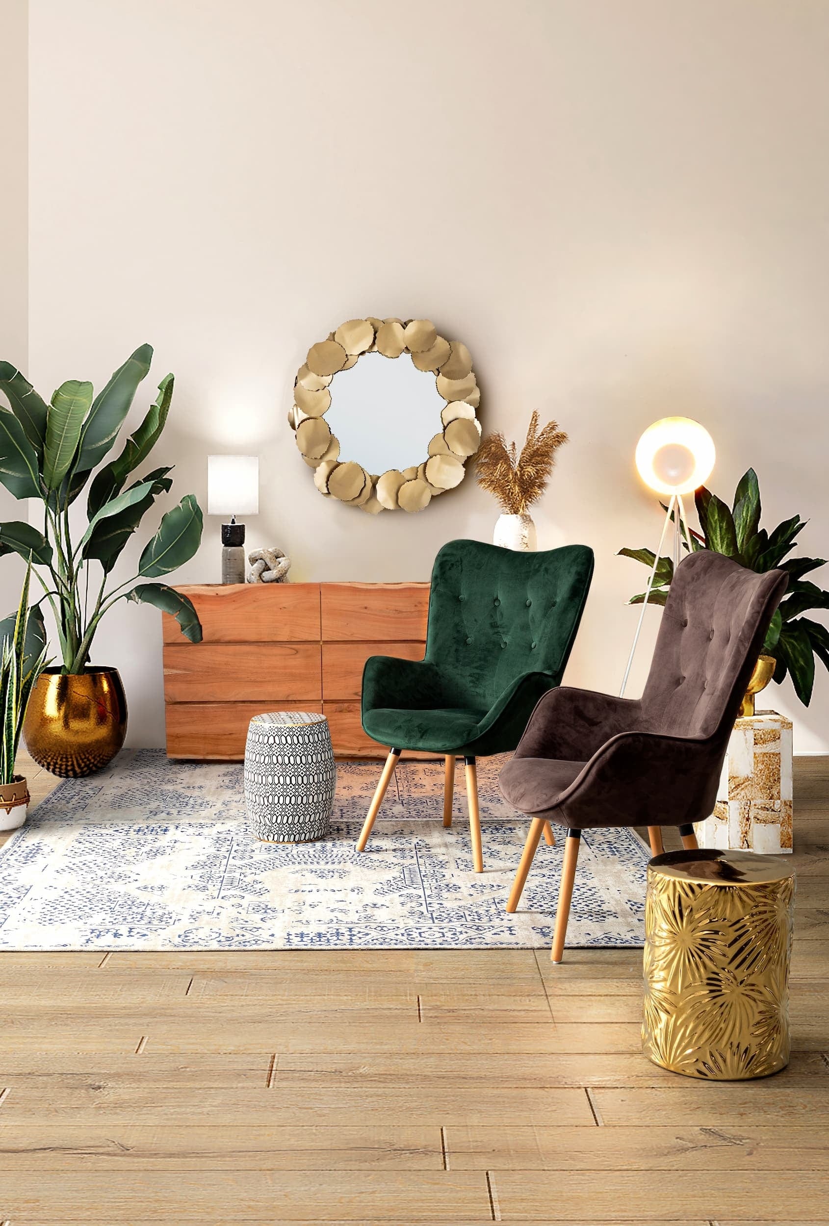 Oglinda decorativa cu rama metalica, Eldora Auriu, Ø78 cm (1)