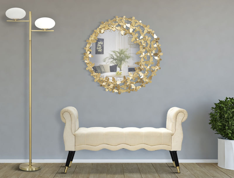 Oglinda decorativa cu rama metalica, Butterfly Wind Auriu, Ø81,5 cm (1)
