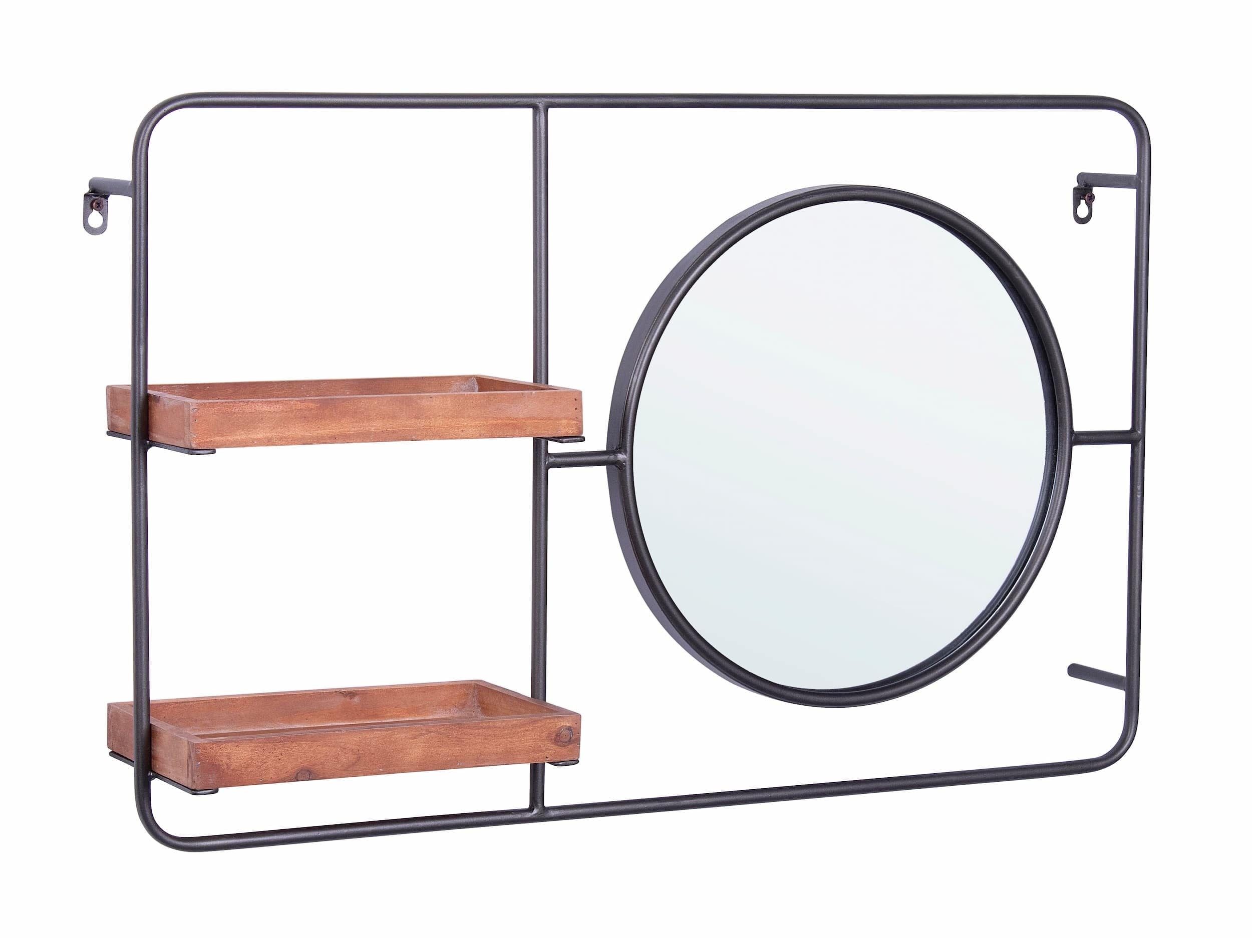 Oglinda decorativa cu rama metalica si 2 etajere, Reflector Negru / Natural, l74xH47 cm