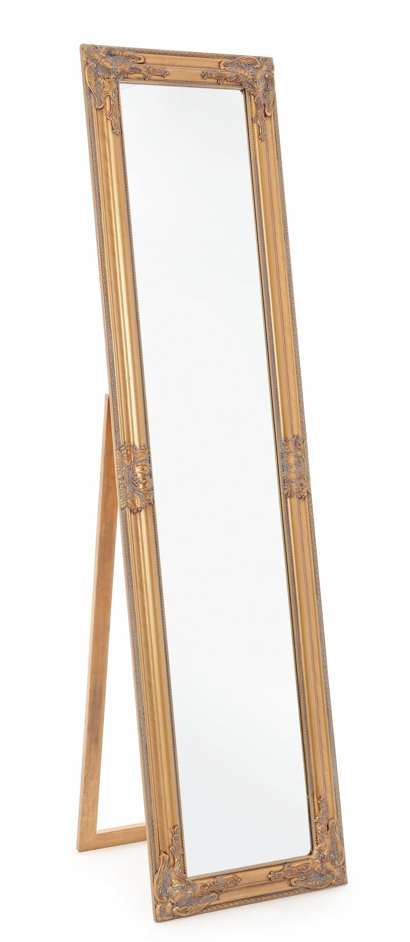 Oglinda decorativa de podea cu rama din lemn de Paulownia, Miro ST Auriu Antichizat, l40xH160 cm