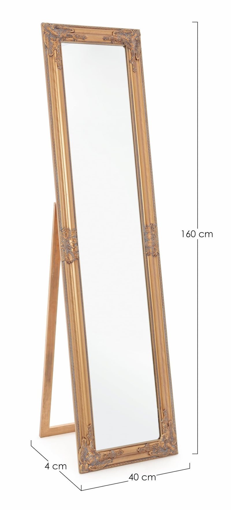 Oglinda decorativa de podea cu rama din lemn de Paulownia, Miro ST Auriu Antichizat, l40xH160 cm (1)