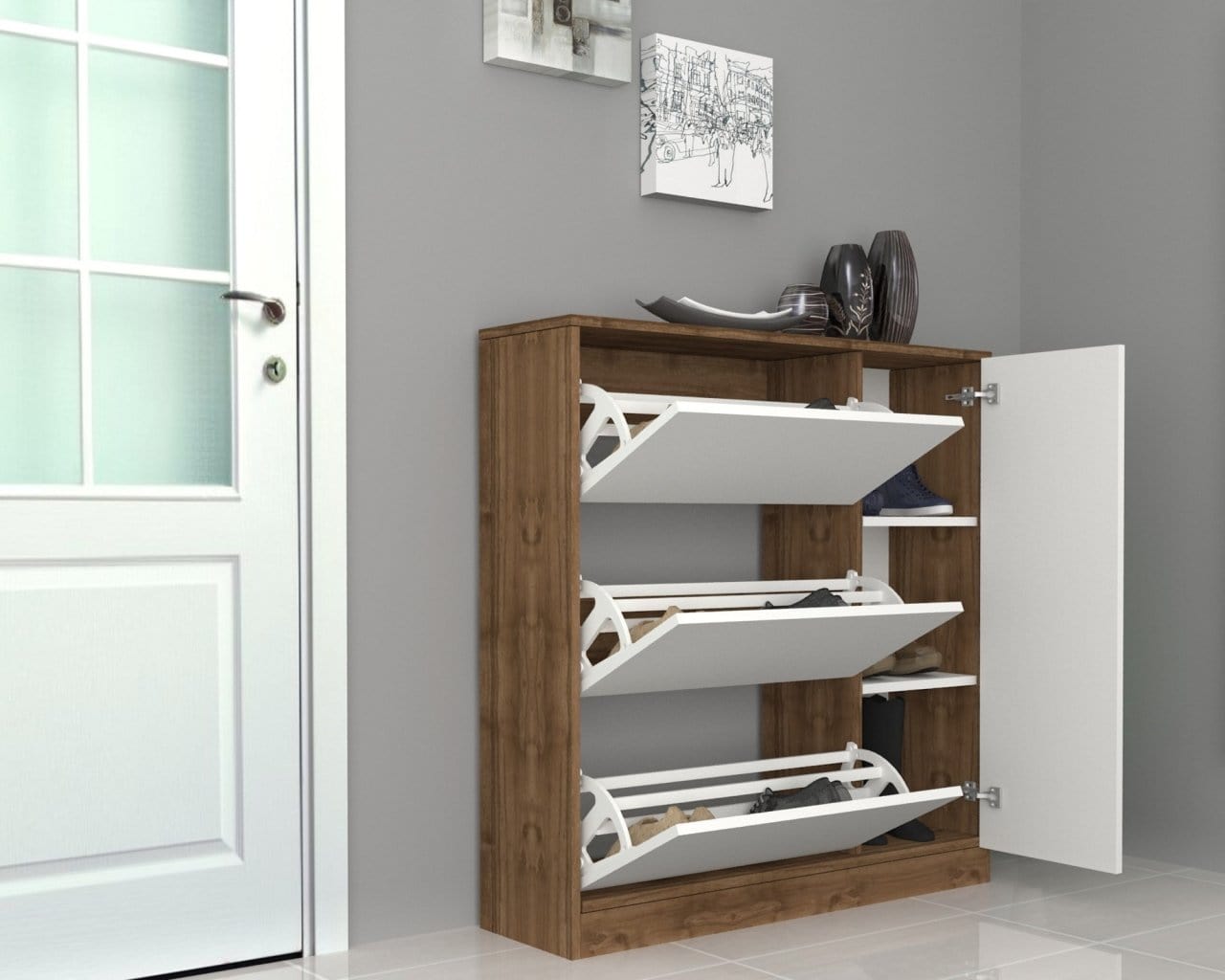 Pantofar din pal, cu 4 usi, Mod Nuc / Alb, l105xA30xH113 cm