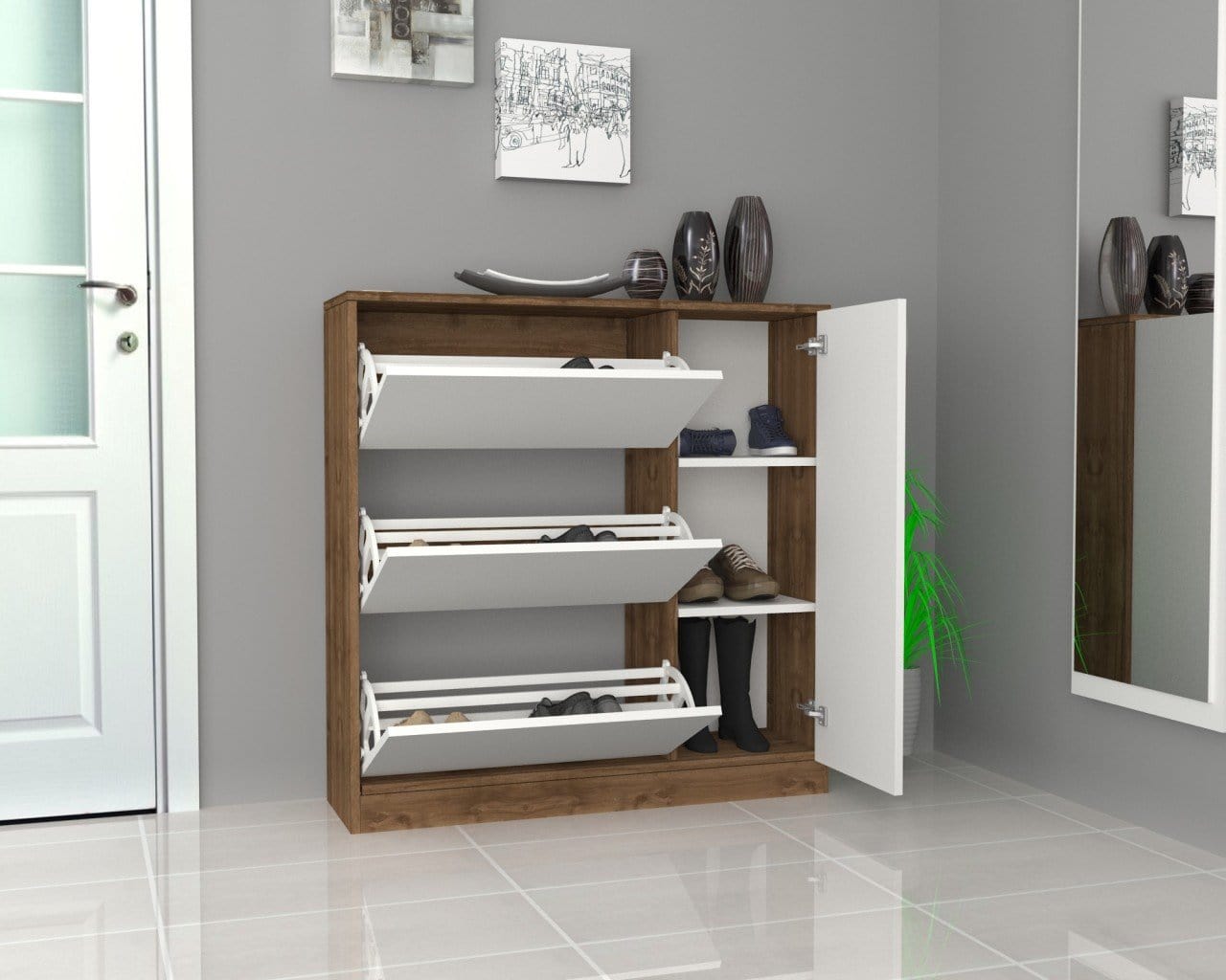 Pantofar din pal, cu 4 usi, Mod Nuc / Alb, l105xA30xH113 cm (1)