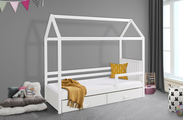 Pat din lemn de pin cu 2 sertare, pentru copii tip casuta Rozalia II Alb, 200 x 90 cm (1)