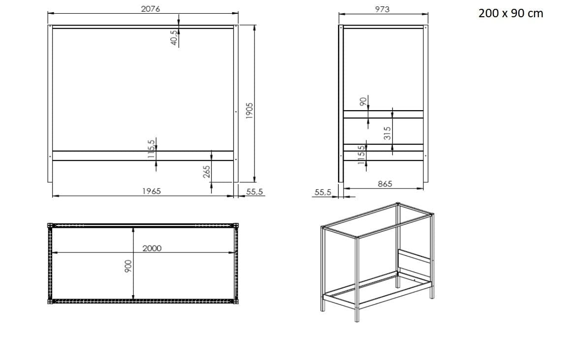 Pat din lemn de pin cu suport baldachin, pentru copii si tineret Pino Canopy Alb (5)