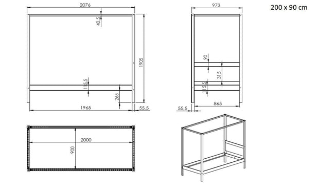 Pat din lemn de pin cu suport baldachin, pentru copii si tineret Pino Canopy Alb (5)