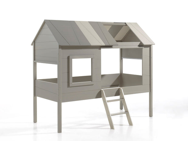 Pat din lemn de pin si MDF, pentru copii cu spatiu de joaca si perdelute decorative Charlotte Bej / Gri, 200 x 90 cm (2)