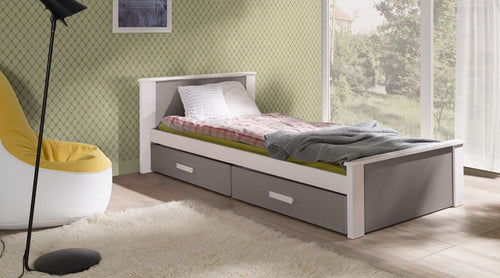 Pat din lemn de pin si pal, cu 2 sertare pentru copii Aldo Alb / Gri, 200 x 90 cm