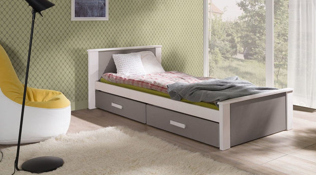 Pat din lemn de pin si pal, cu 2 sertare pentru copii Aldo Alb / Gri, 200 x 90 cm