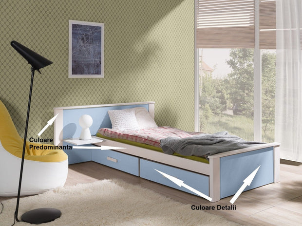 Pat din lemn de pin si pal, cu 2 sertare pentru copii Aldo Plus, 200 x 90 cm (1)